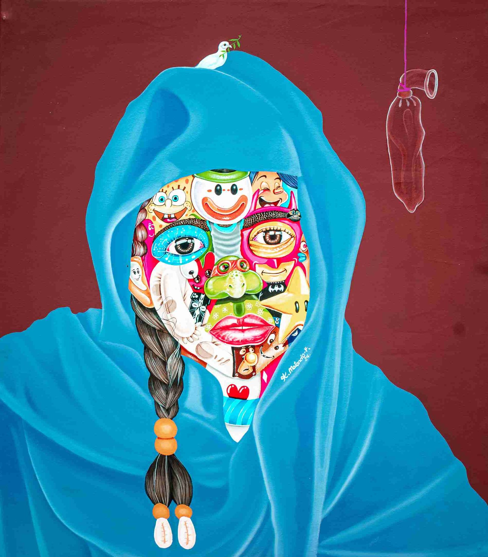 Painting of a figure in a blue hooded cloak, with a face composed of various small, colorful cartoon and emoji-like elements, and a long braided pigtail adorned with beads and cowrie shells, against a deep red background.