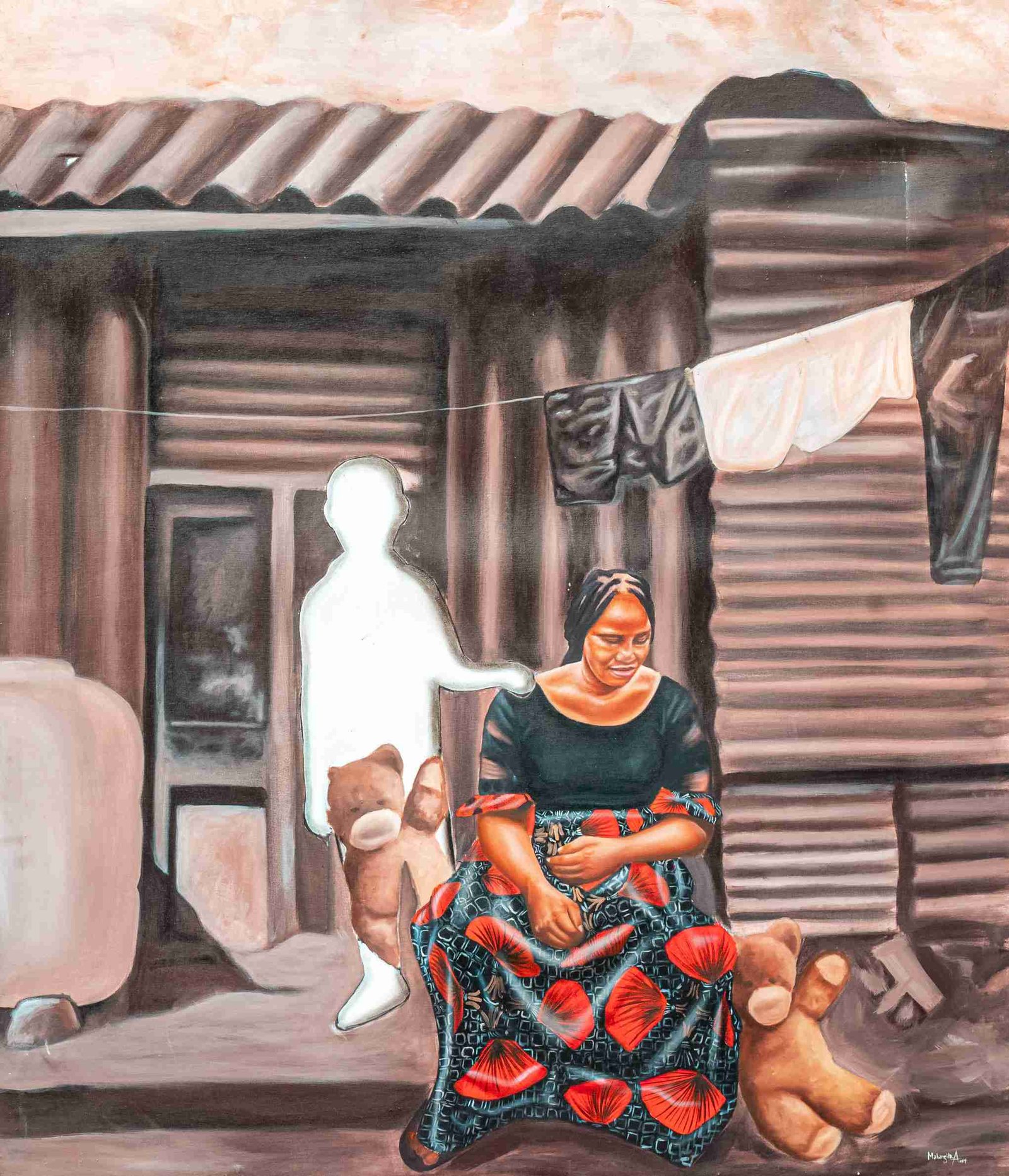 Painting depicting a woman sitting outside a dilapidated building, with a transparent, ghostly child-like figure standing beside her, holding a teddy bear. Laundry hangs on a line in the background.