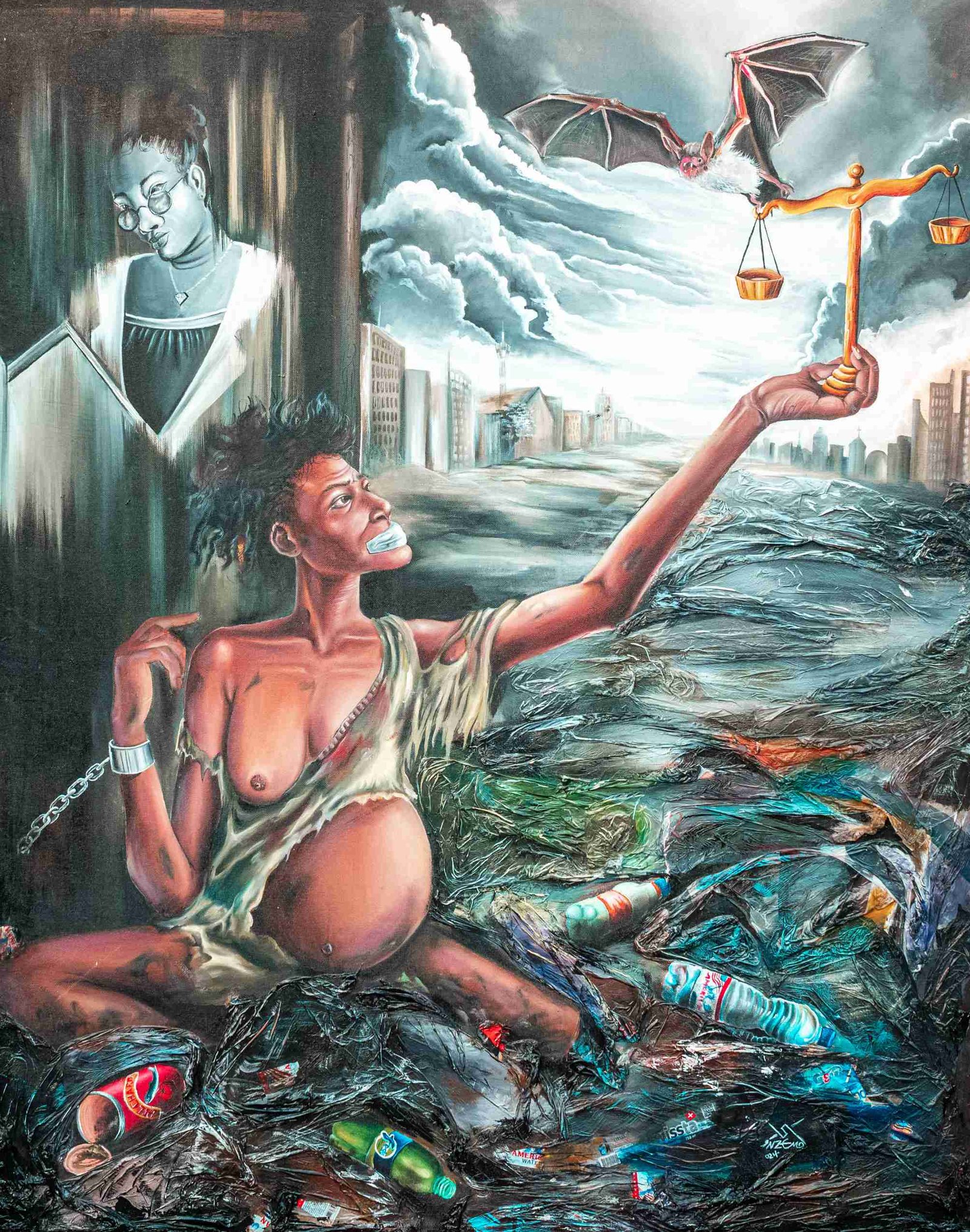 Painting depicting a pregnant woman with bound wrists and a taped mouth, sitting amidst trash, reaching out for a set of scales held by a bat-like creature in a stormy sky above a cityscape, with a framed portrait in the background.