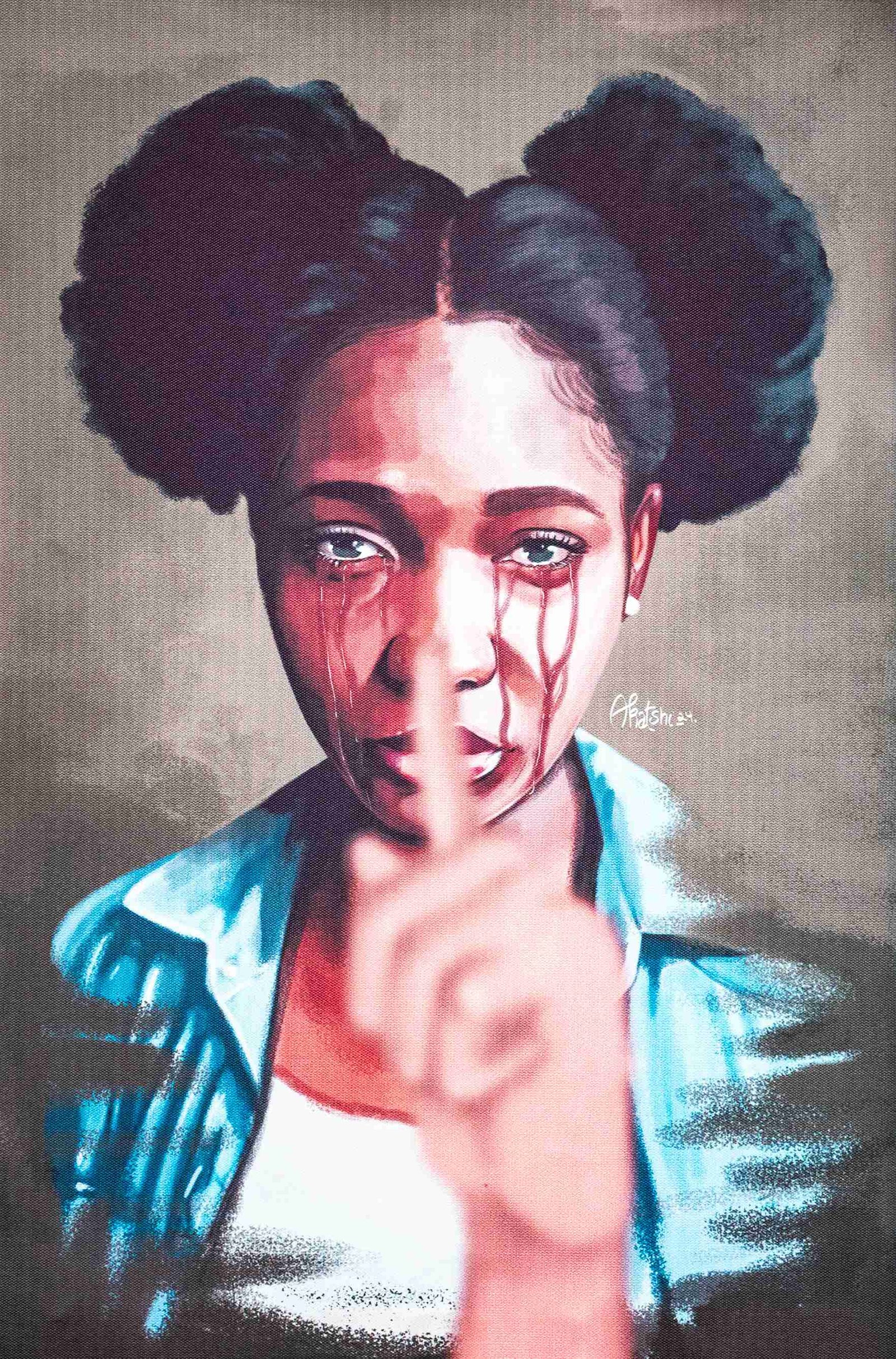 Painting of a young woman with dark hair in buns, red tears streaming down her face, and a finger to her lips, signaling silence, against a muted background.