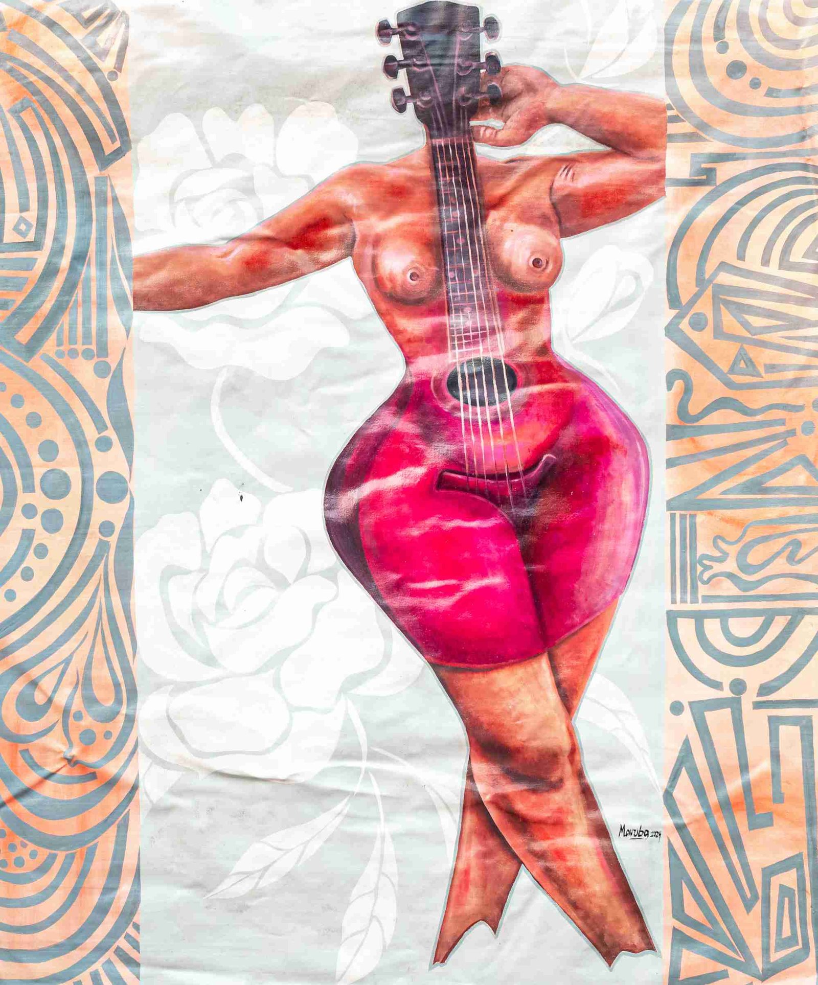 Surreal painting of a woman's torso seamlessly merging into the shape of a red acoustic guitar, set against a patterned background with abstract floral and geometric motifs.