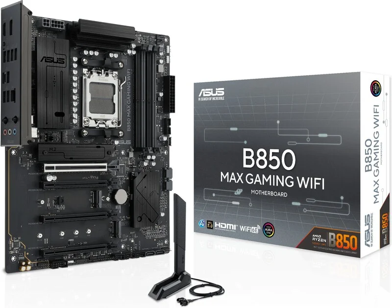 ASUS B850 MAX GAMING WIFI moederbord met verpakking