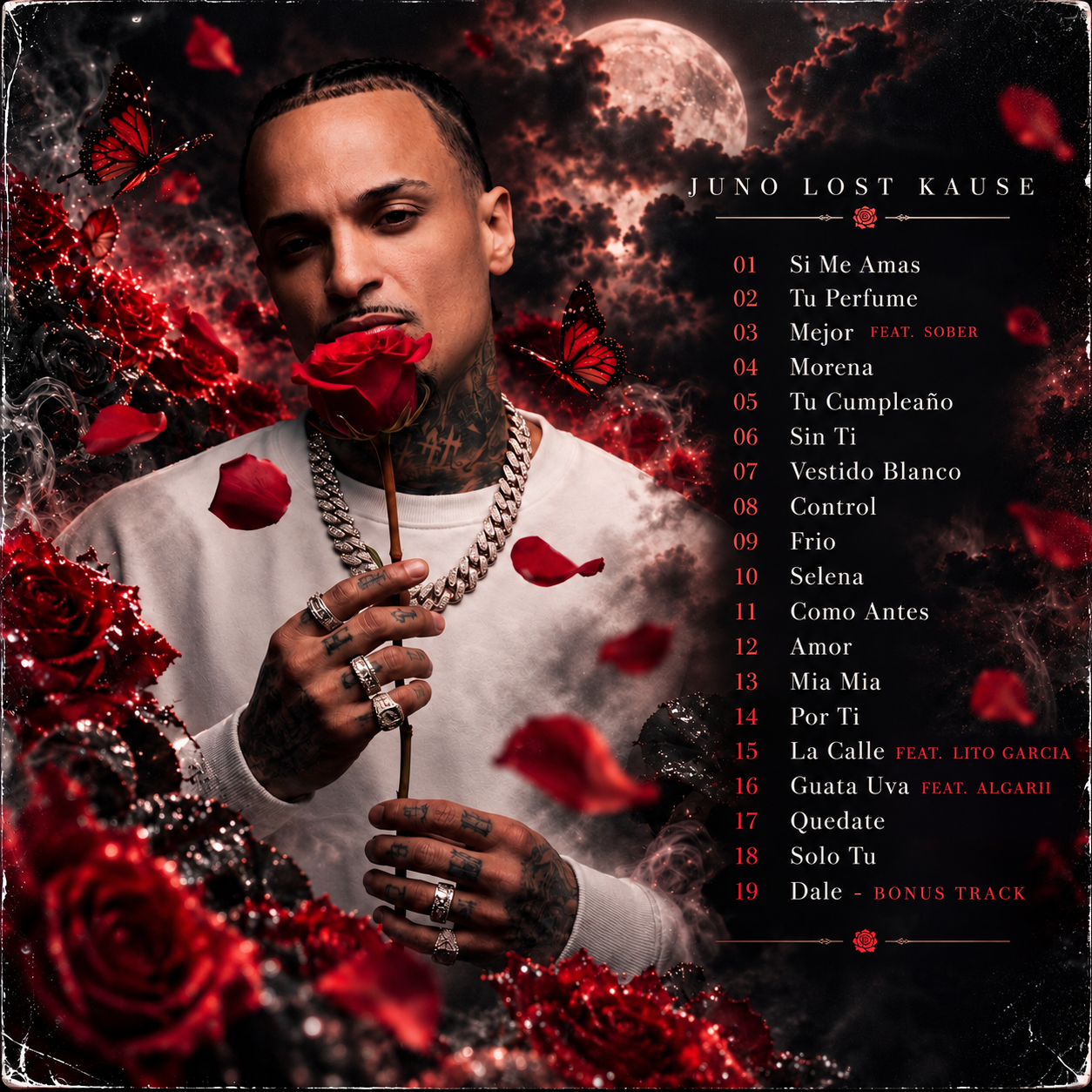 Juno Lost Kause holding a rose with hands crossed