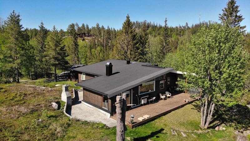 Aerial view of modern black house with wooden deck surrounded by forest