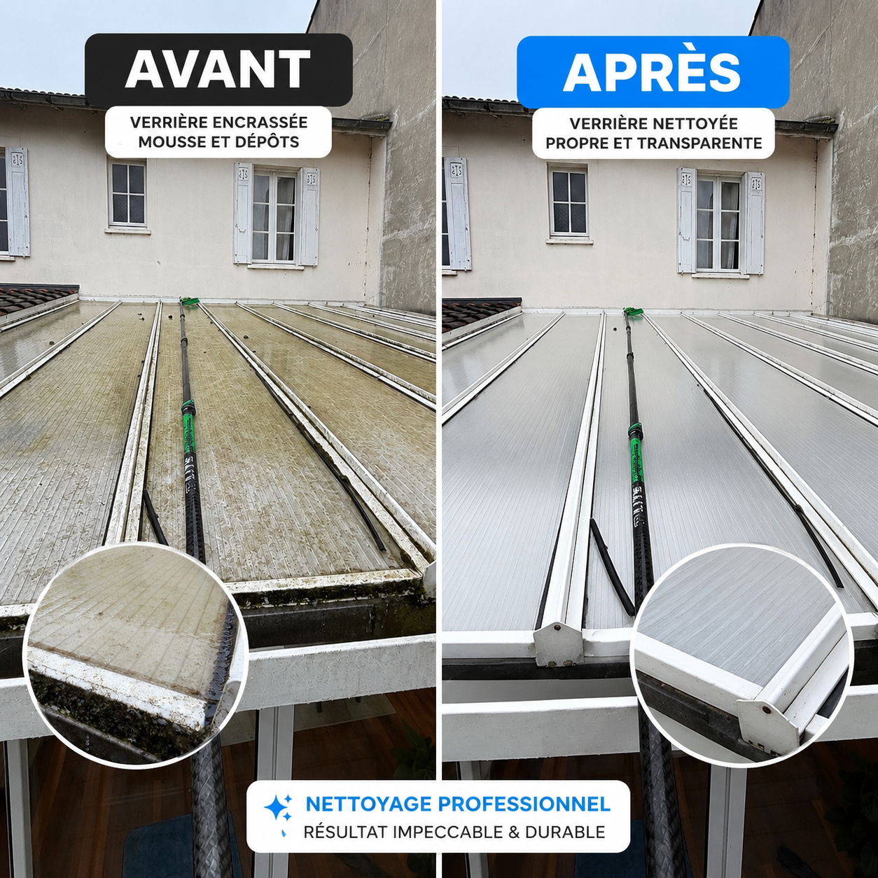 Avant/après nettoyage de verrière à Gradignan par VITNET