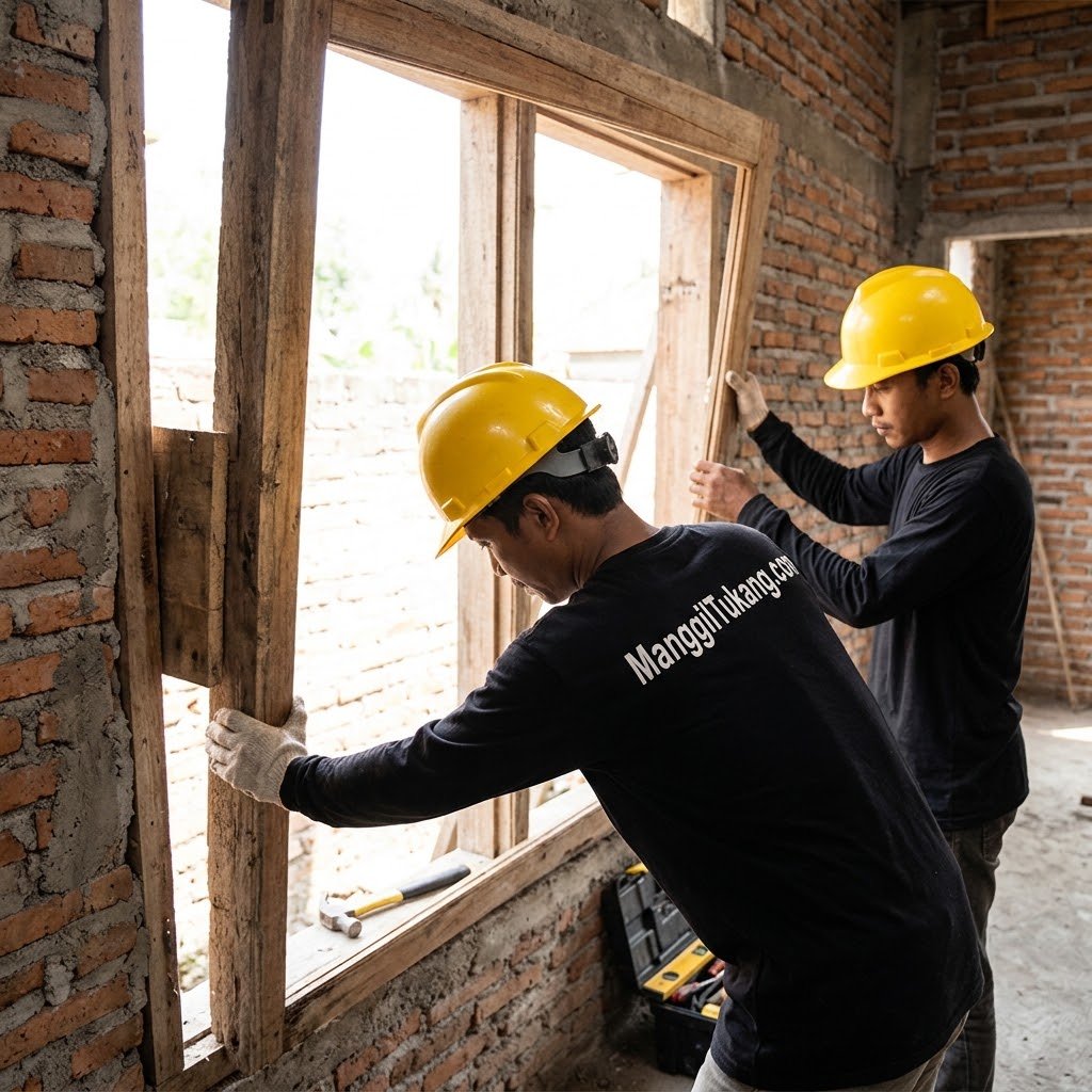 Pekerja memasang kusen jendela