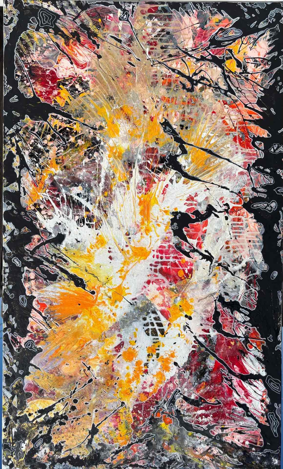 Abstract acrylic painting Screen of Threads with dense white, gold, red and pink textures and threadlike outlines on a black ground