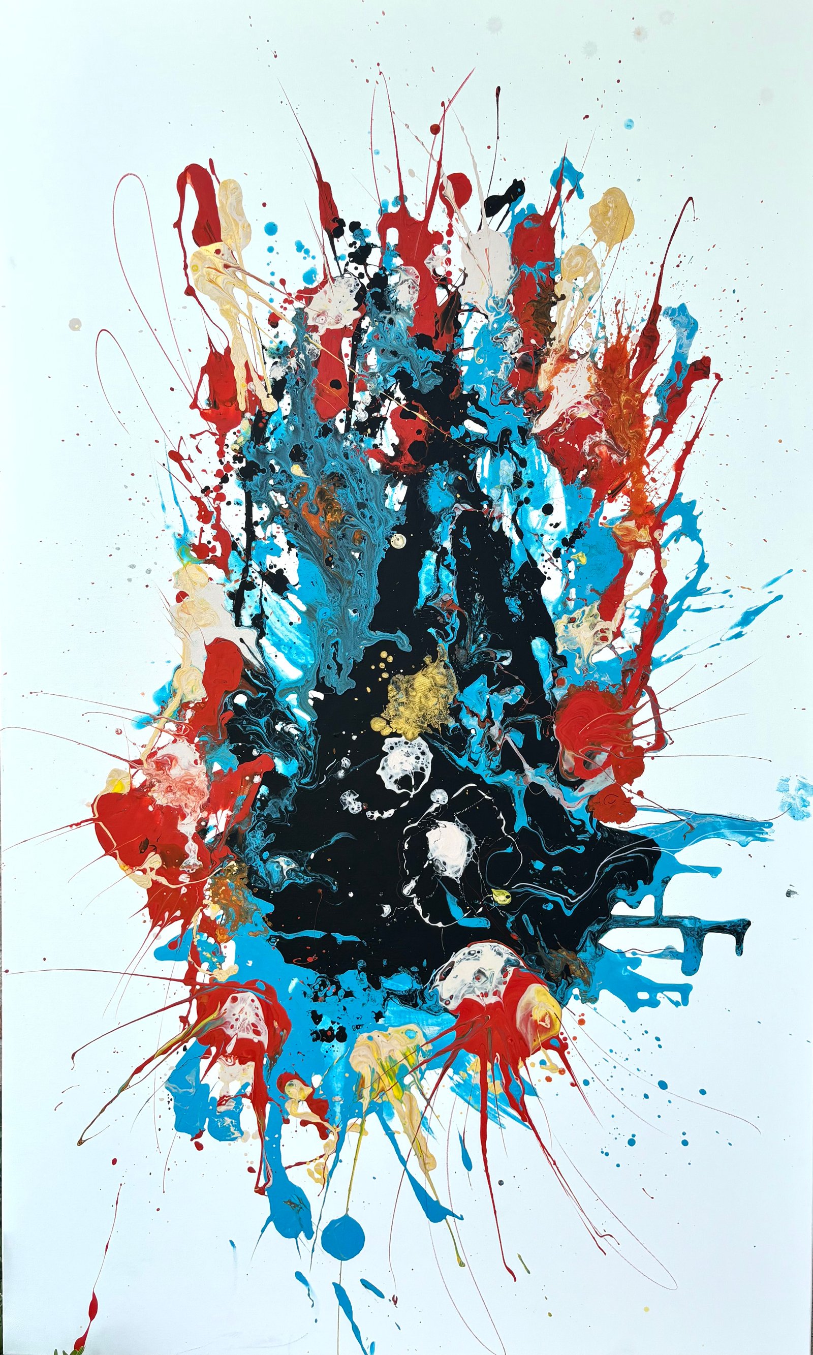 Abstract acrylic painting Emergence with explosive splatters of red, blue, black, yellow and white on a white ground