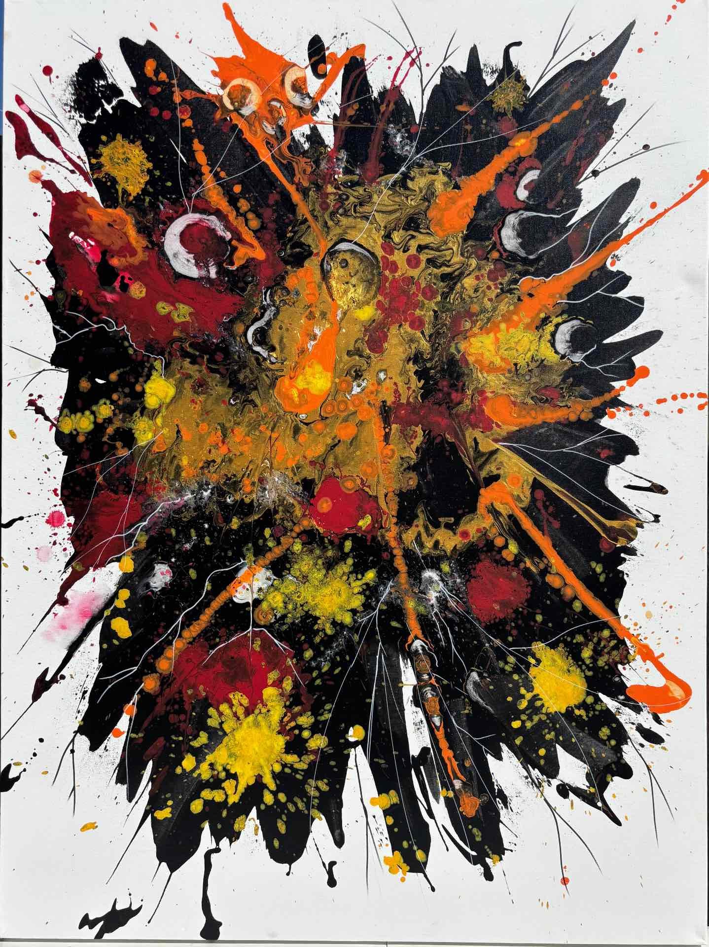 Abstract acrylic painting Fragmented Flight with layered gestural colour on canvas