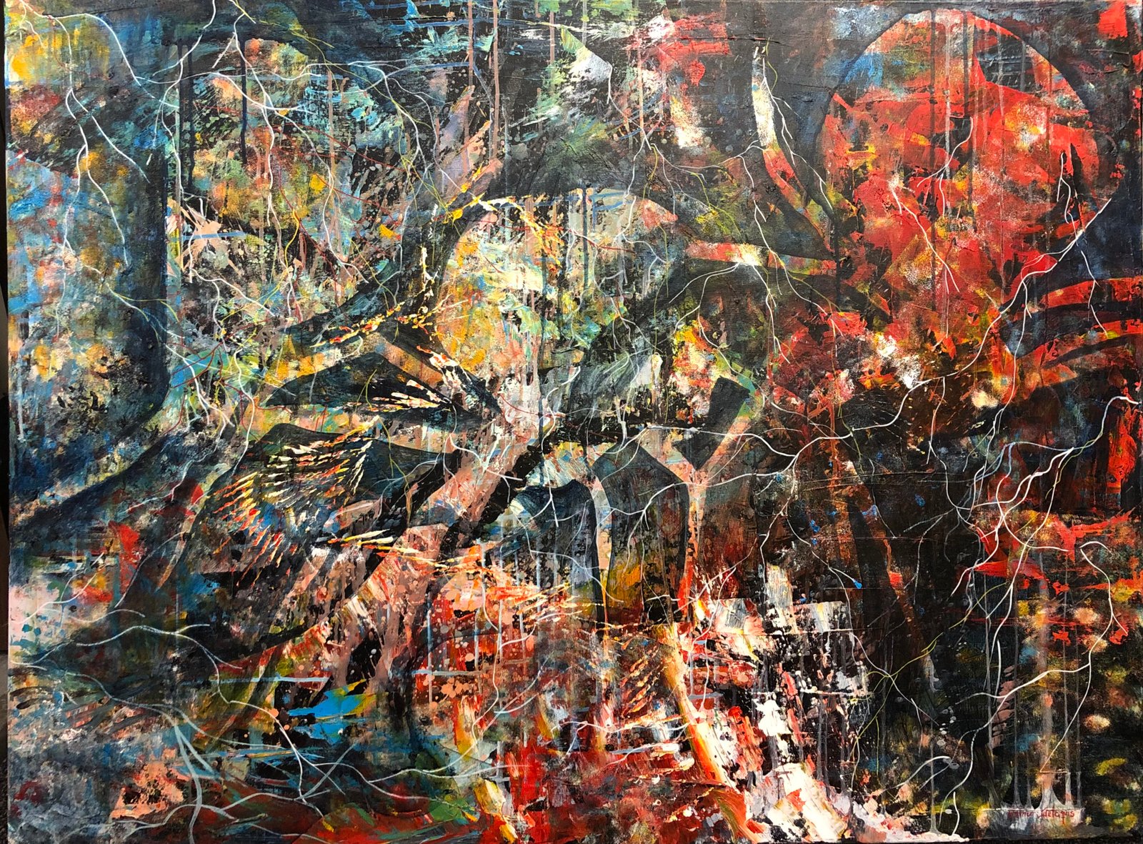 Abstract acrylic painting Ananse with vivid red, orange, turquoise, black and white gestural paint layered across the canvas