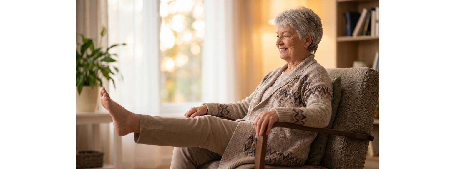 Senior adult doing home rehab exercises to improve balance and reduce fall risk