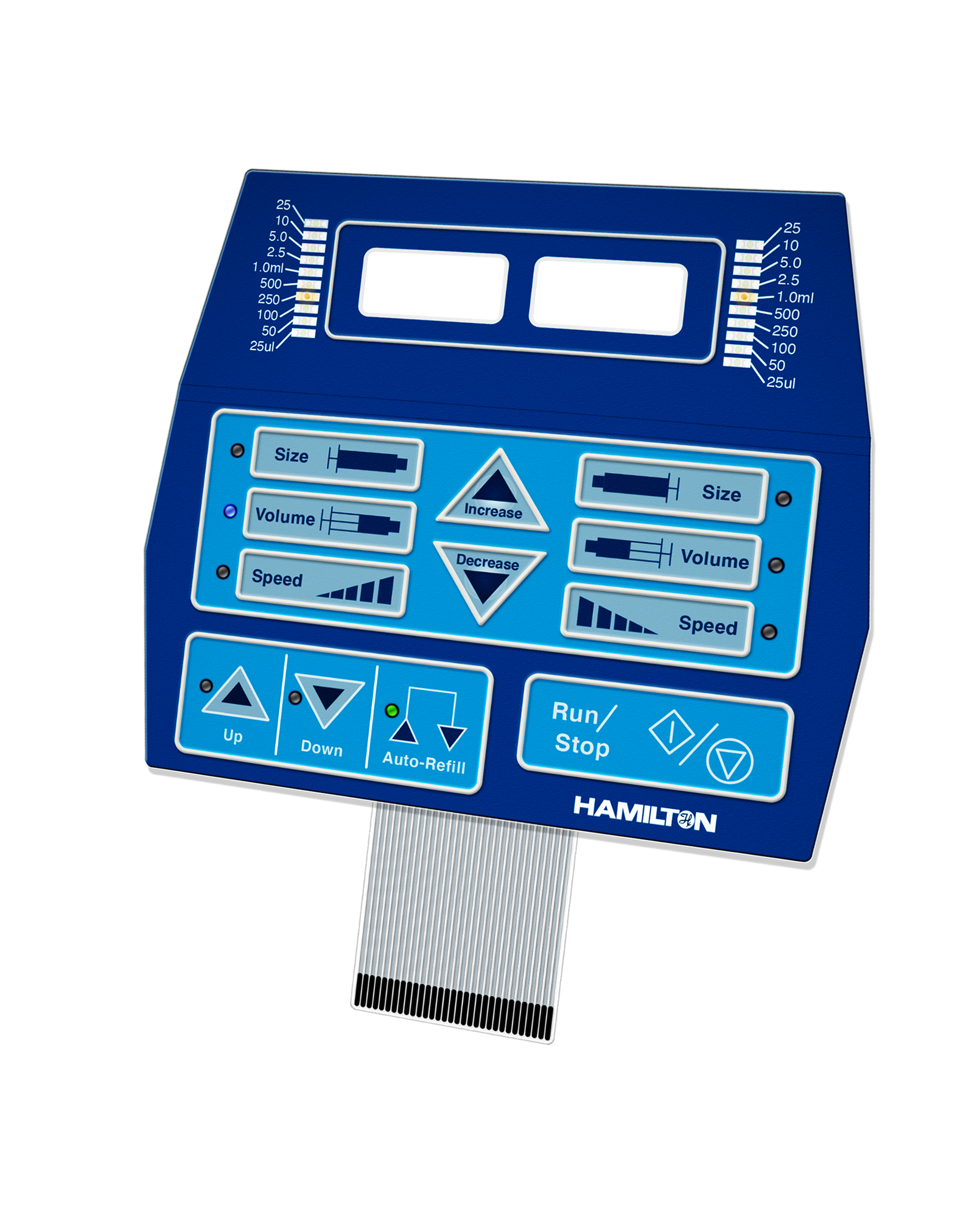 Hamilton blue membrane switch control panel with size, volume, speed, and run controls