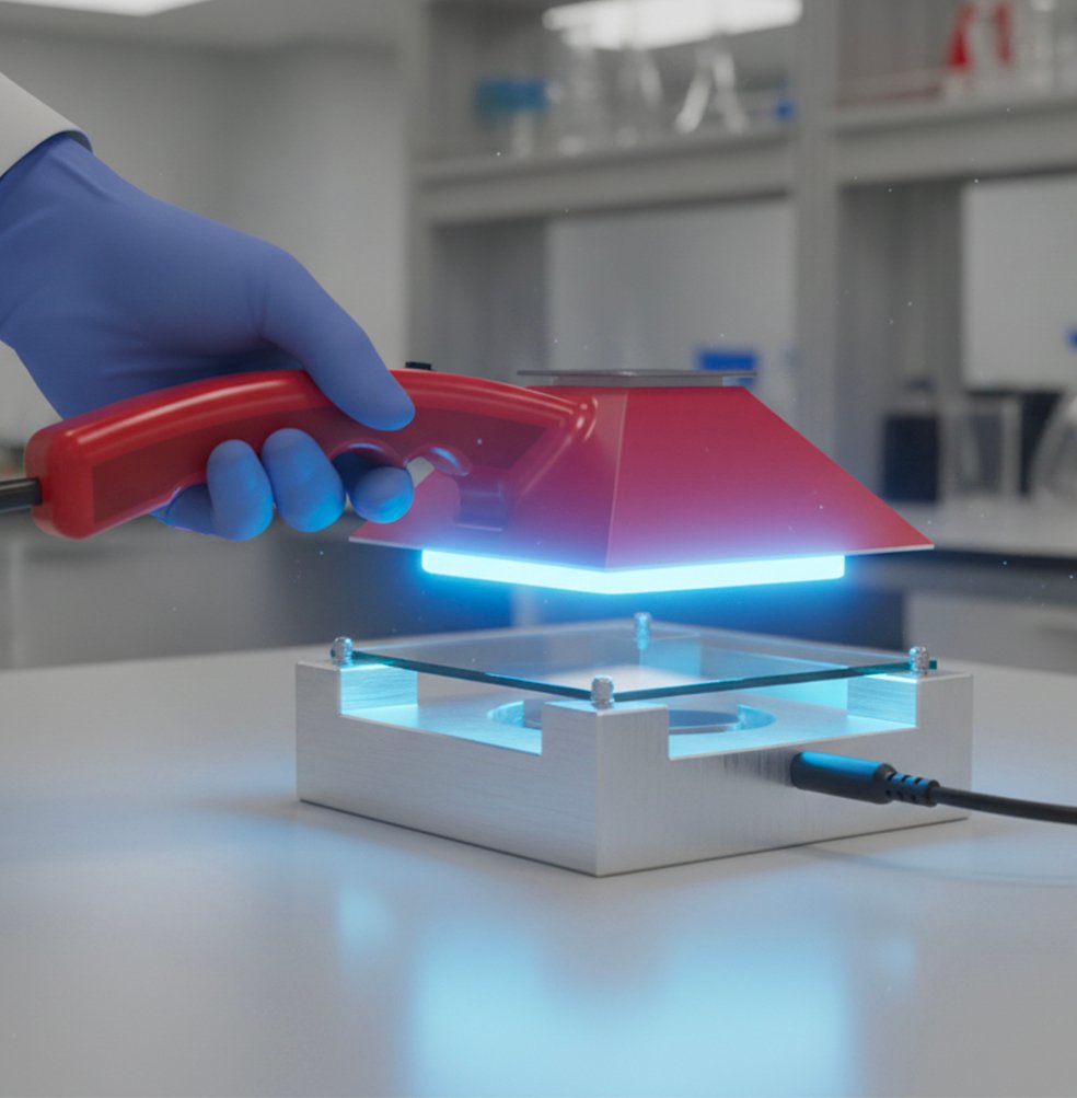 Gloved hand holding a red UV curing lamp over a metal assembly fixture