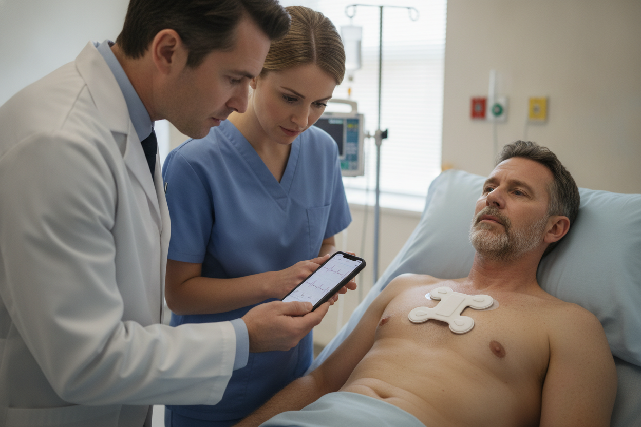 Clinicians reviewing a wearable ECG sensor on a patient