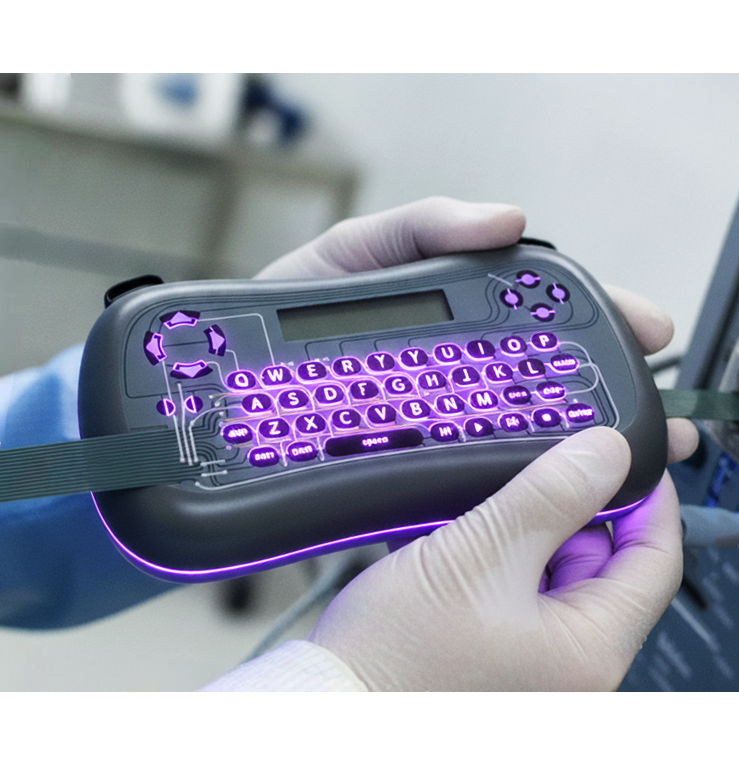 Hi-Brite backlit QWERTY capacitive keyboard before bonding to .35 mm chemically annealed Asahi Dragontrail glass
