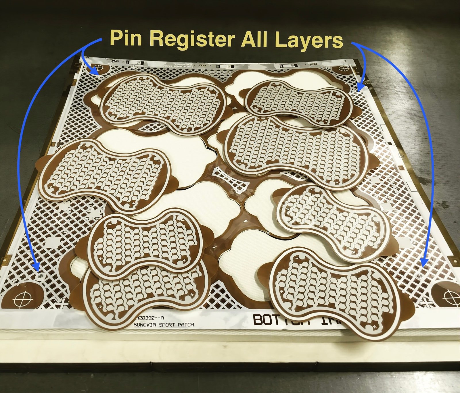 Fig. 2 — Screen-printed micro-led’s using PET film bonded to Polyimide film. Using an artwork modified model and pin registration to compensate for differential.