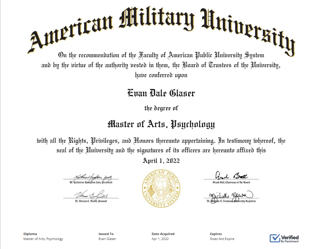 American Military University M.A. Psychology diploma for Evan Dale Glaser