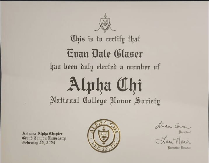 Evan Dale Glaser Alpha Chi Honor Society Membership Certificate