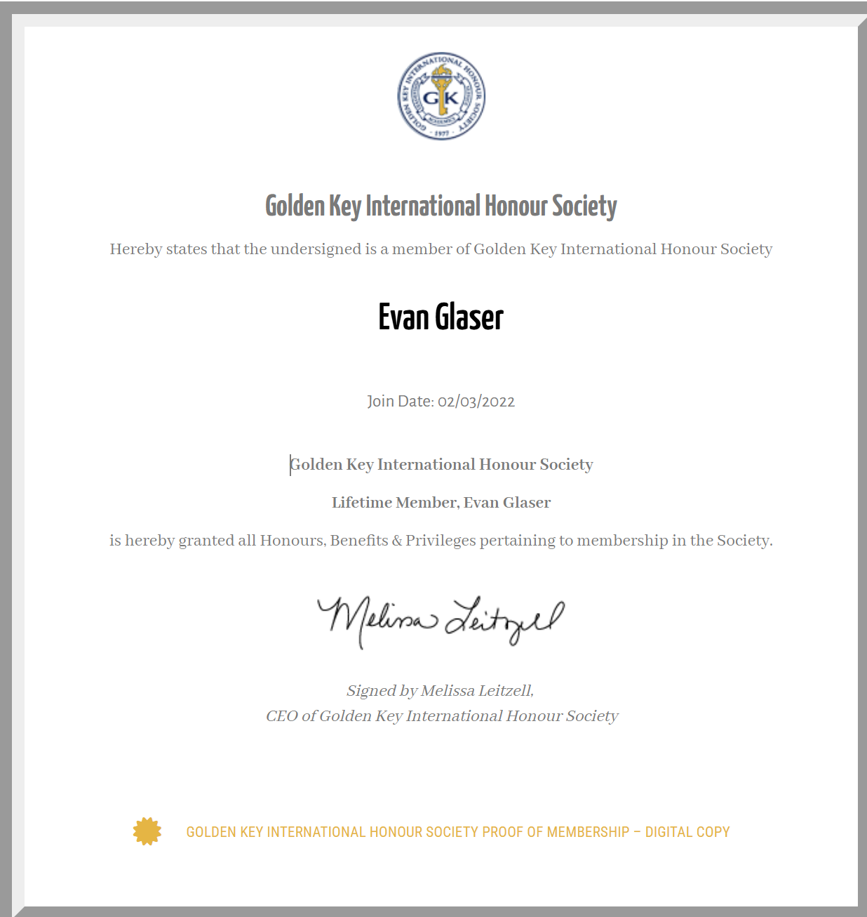 Golden Key International Honour Society Lifetime Membership Certificate for Evan Glaser