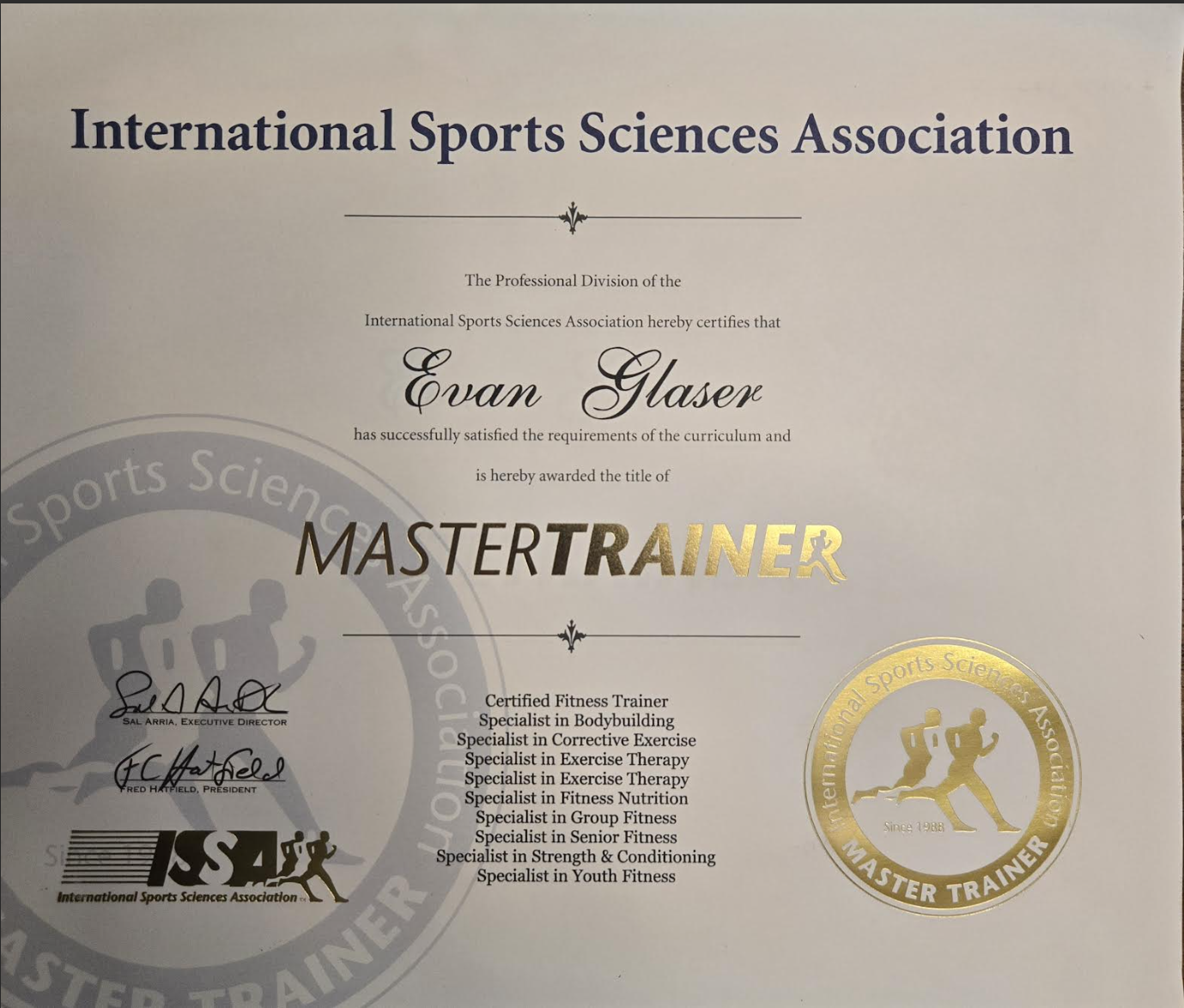 International Sports Sciences Association Master Trainer certificate for Evan Glaser