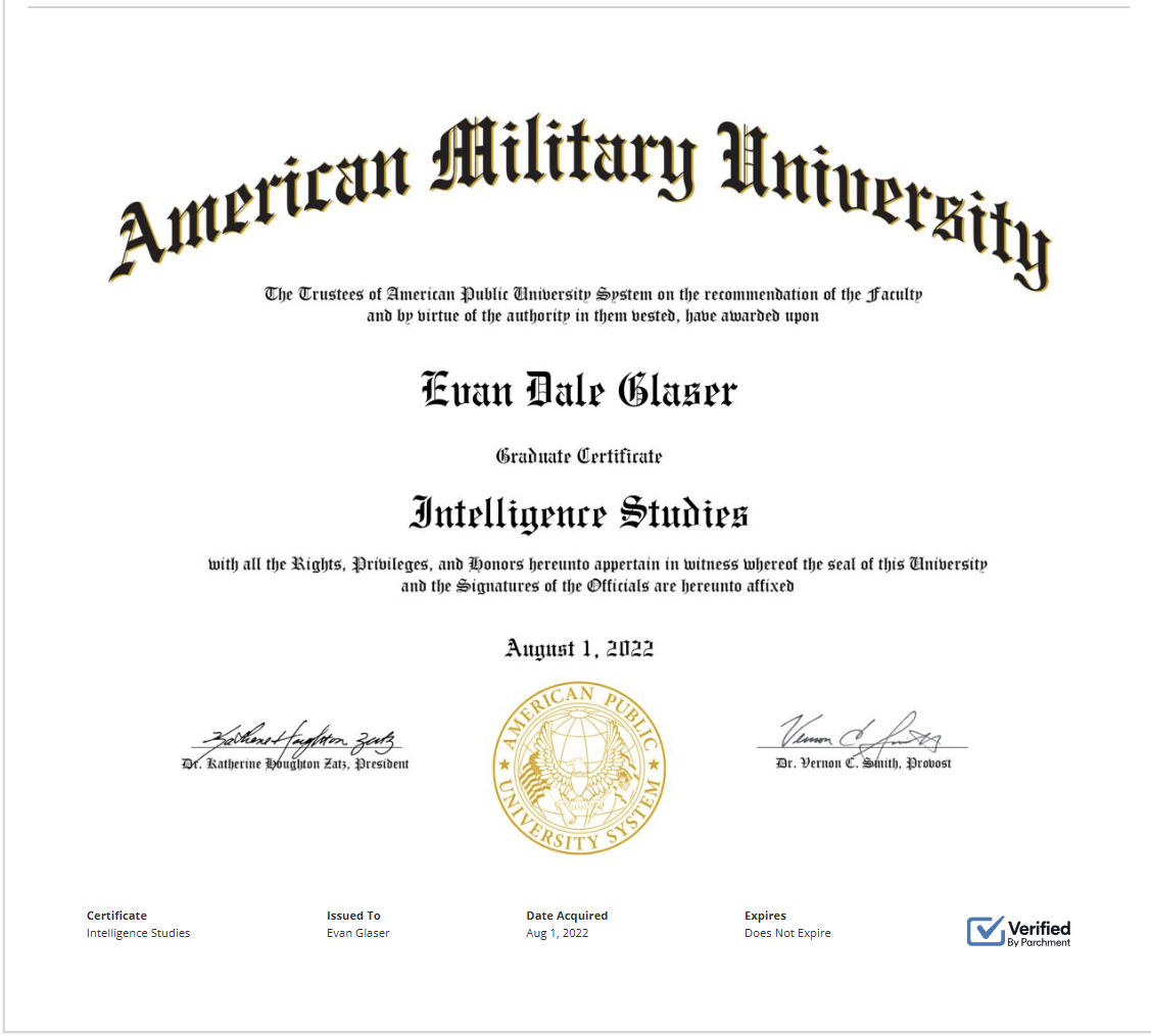 American Military University Graduate Certificate in Intelligence Studies for Evan Dale Glaser, dated August 1, 2022