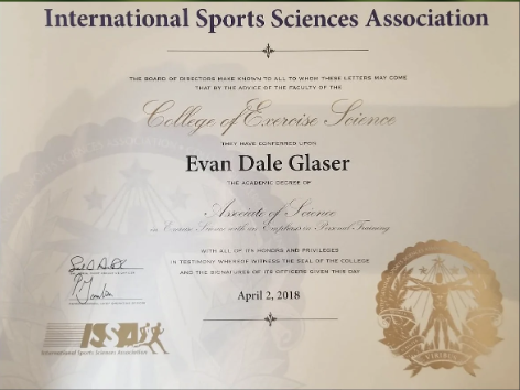 International Sports Sciences Association diploma for Evan Dale Glaser