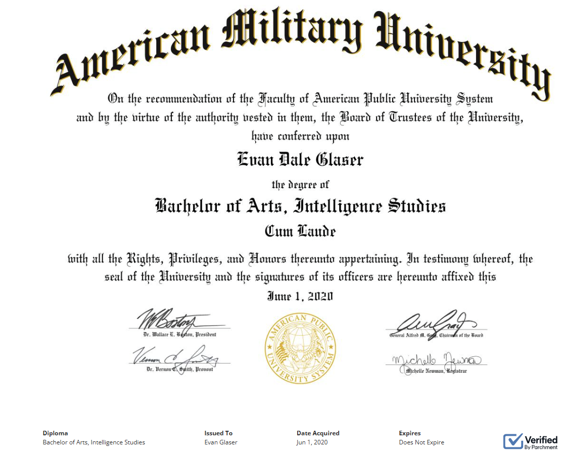 American Military University B.A. Intelligence Studies diploma for Evan Dale Glaser