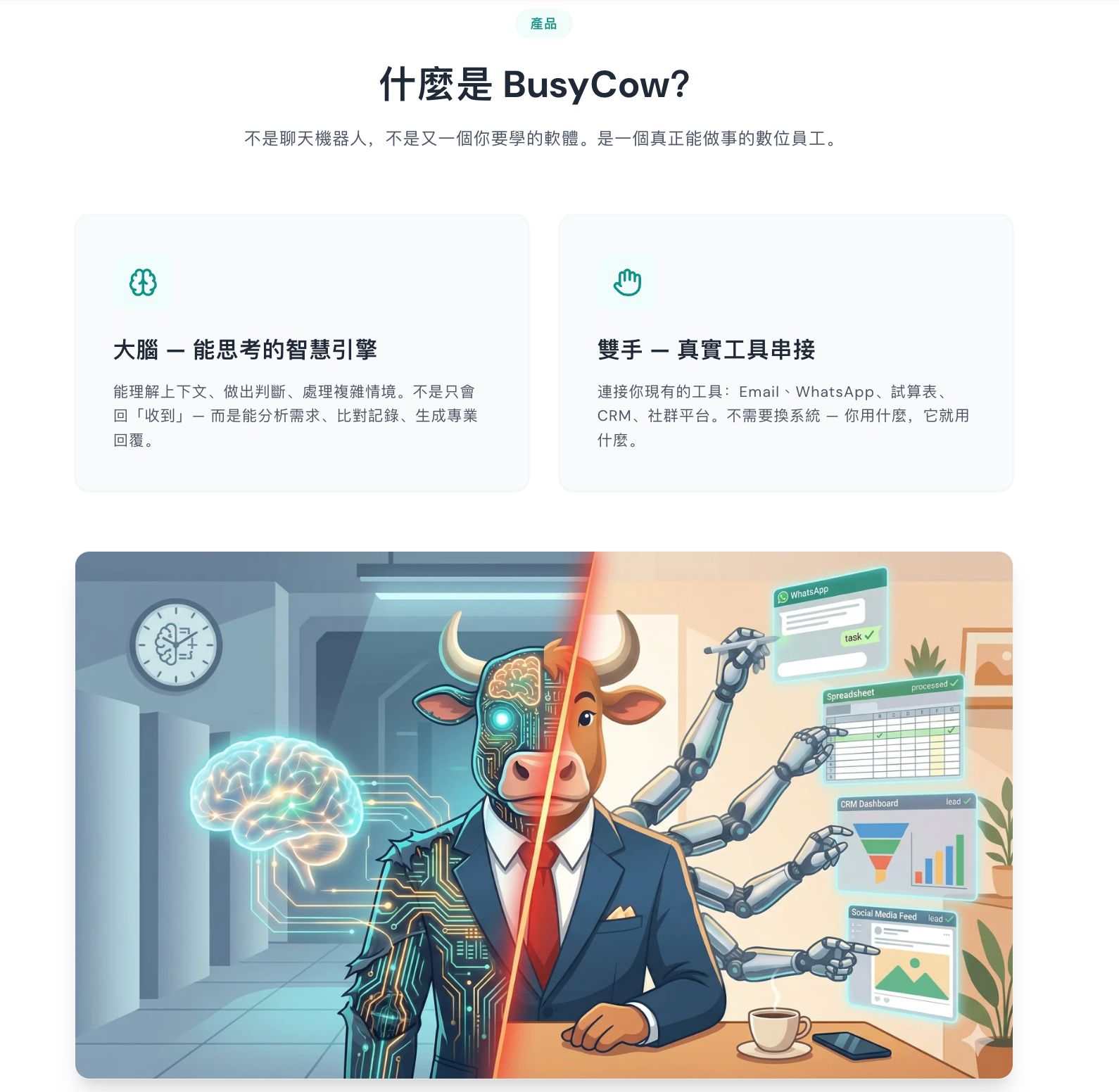 BusyCow Dashboard Concept - Shows cow and horse characters with brain and multiple mechanical arms connecting to various tools and systems