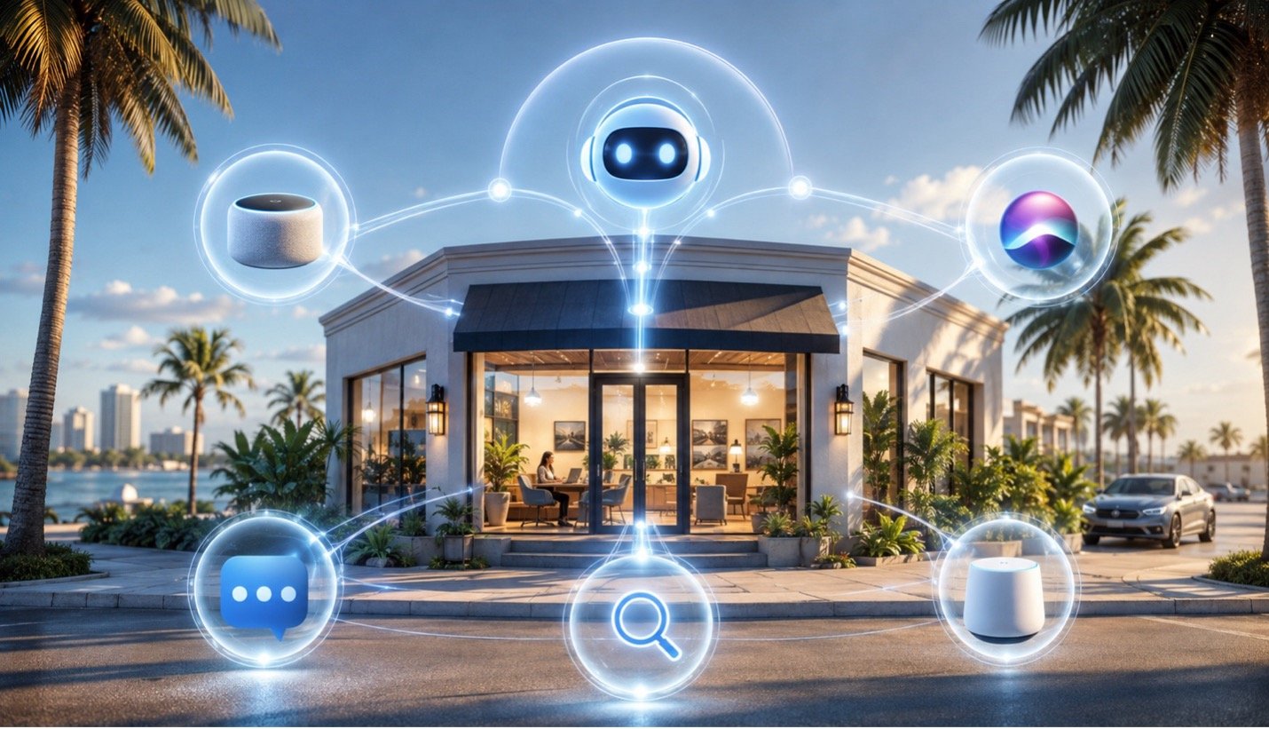 AI assistants network connecting Alexa, Siri, chat, and search around a Palm Beach waterfront local business storefront