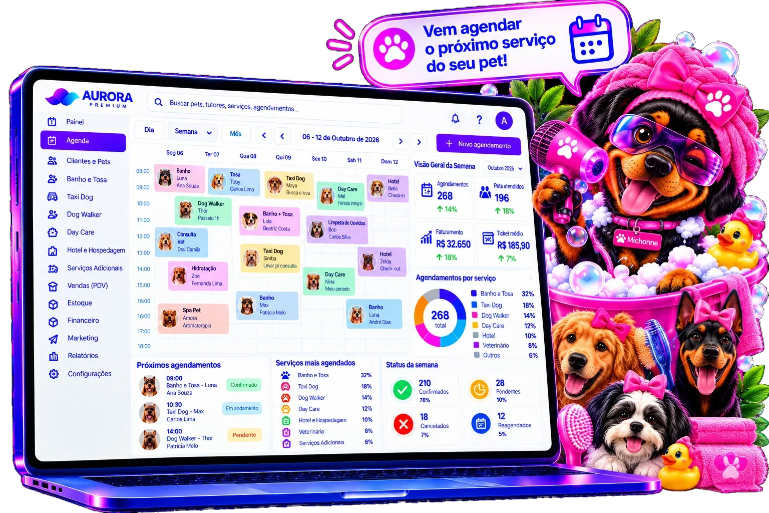 Agenda de banho e tosa do sistema para pet shop Aurora Premium com a semana de serviços e próximos agendamentos