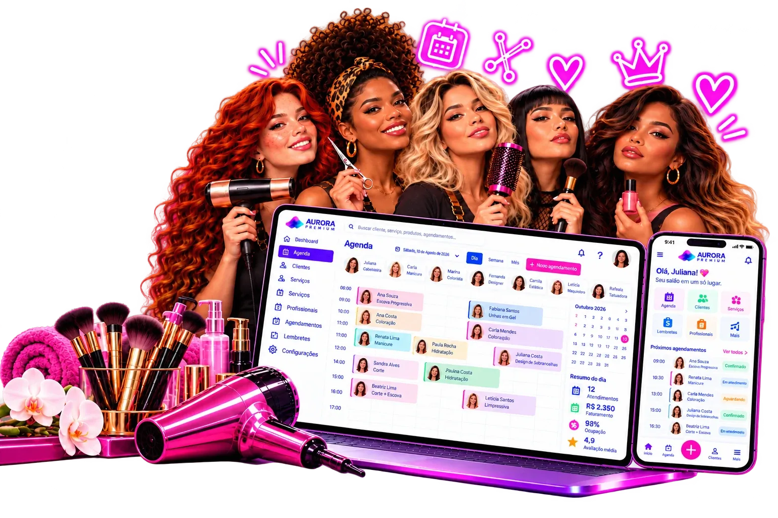 Agenda online para salão de beleza no Aurora Premium com a grade do dia de cabeleireira, manicure e colorista