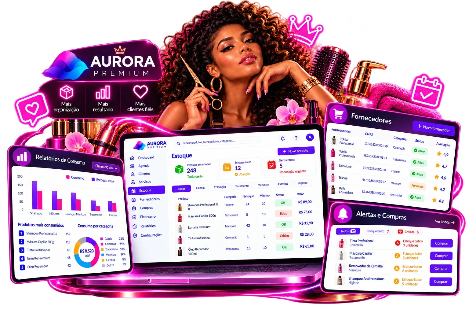 Controle de estoque para salão de beleza com consumo de produtos, fornecedores e alertas de compra