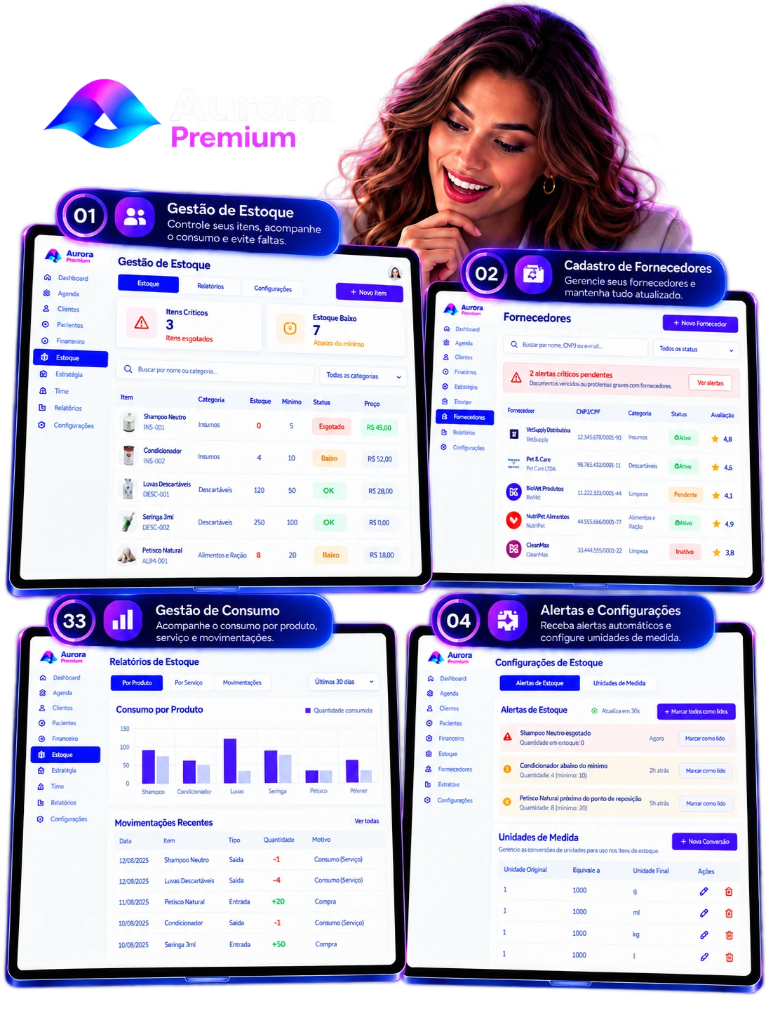Aurora Premium — módulo de Suprimentos com gestão de fornecedores, estoque, consumo, alertas e reposição.