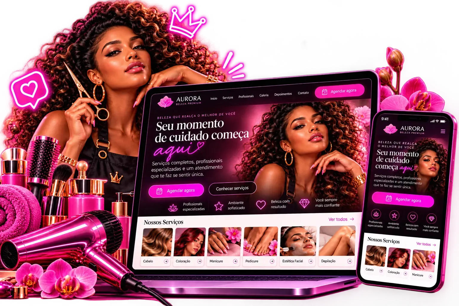 Link de agendamento para salão de beleza com a página do salão no computador e no celular