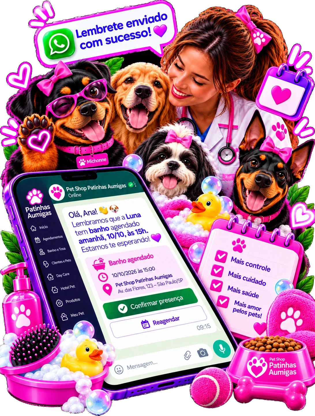 Lembrete de banho e tosa pelo WhatsApp enviado pelo Aurora Premium, com confirmação de presença e reagendamento