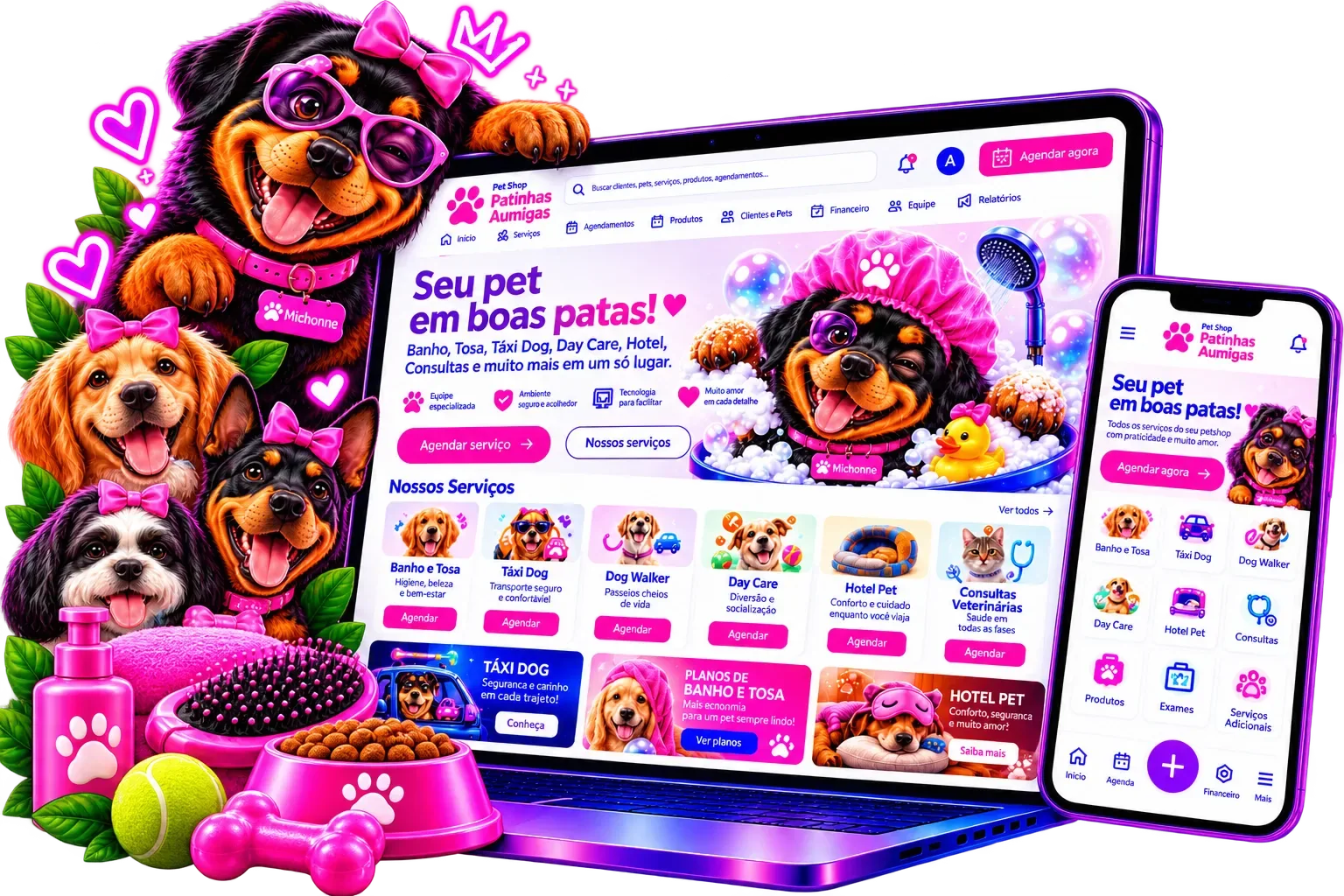 Página de agendamento online para pet shop criada pelo Aurora Premium, no computador e no celular