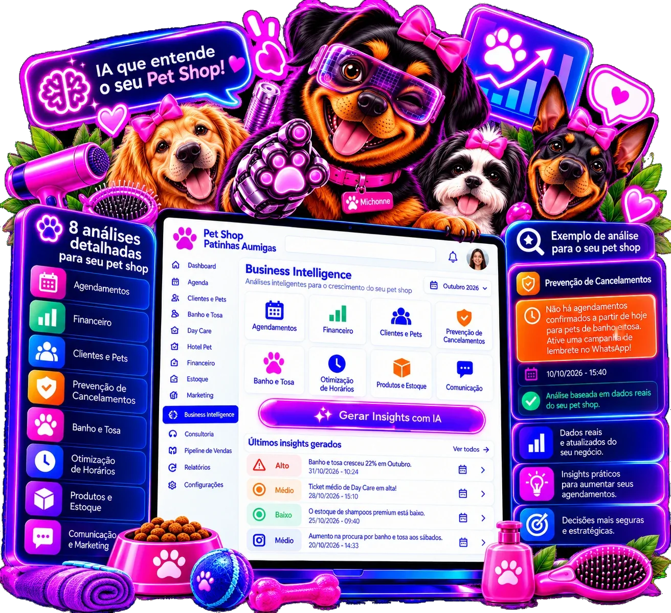 Relatórios para pet shop com inteligência artificial no Aurora Premium, com análises e insights