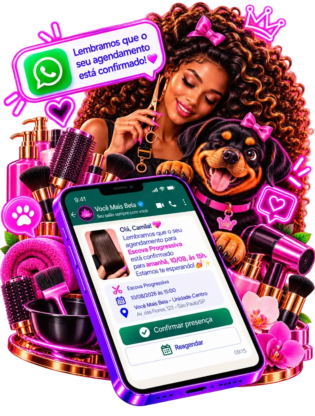 Agendamento pelo WhatsApp para salão de beleza com lembrete de escova progressiva e confirmação da cliente