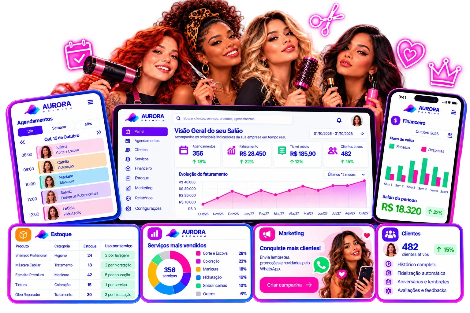 Sistema para salão de beleza Aurora Premium com agenda, financeiro, estoque e clientes no computador e no celular