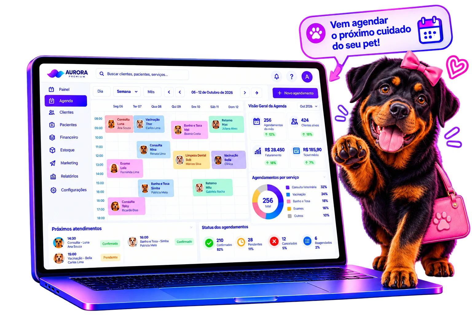 Agenda online do sistema Aurora Premium para clínica veterinária, com consultas, vacinas e banho e tosa organizados por dia e horário