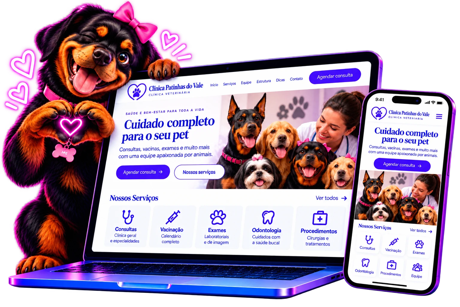 Exemplo de site para clínica veterinária criado no Aurora Premium, com serviços e botão de agendamento online no computador e no celular