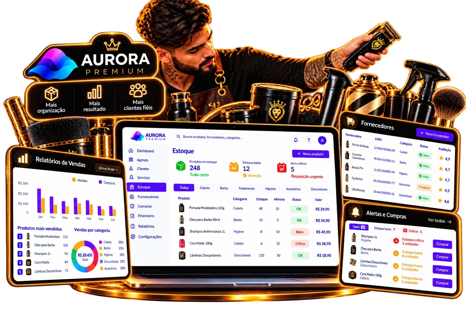 Controle de estoque para barbearia com produtos, fornecedores, vendas e alertas de estoque baixo