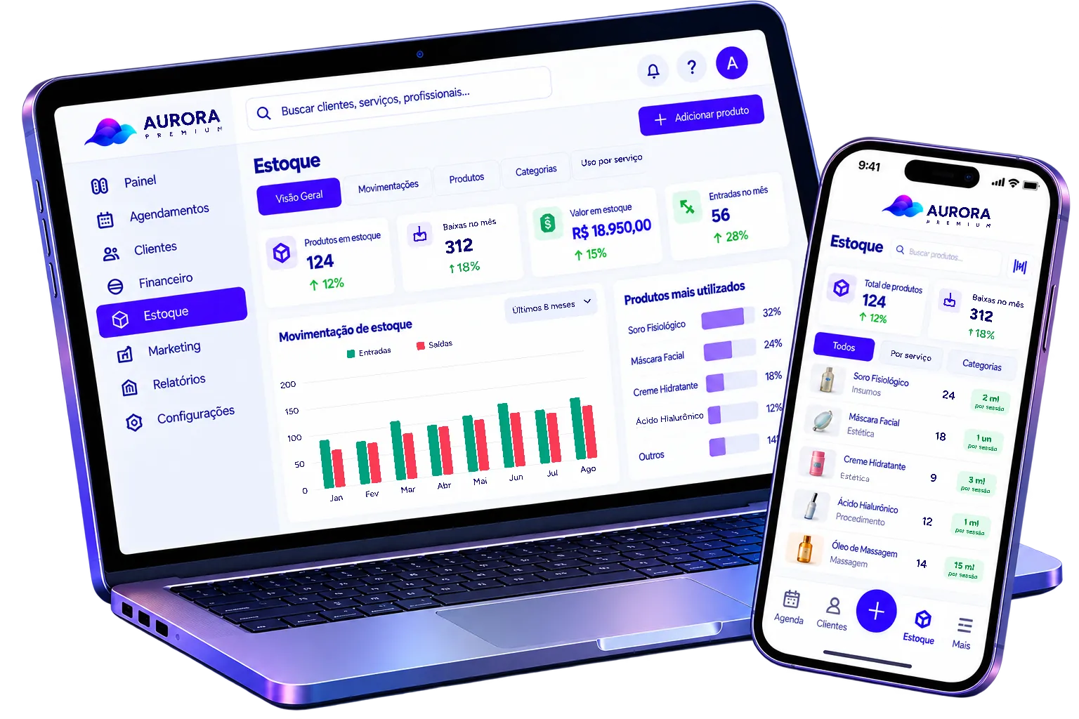 Controle de estoque para salão e clínica no Aurora Premium com baixa automática e produtos utilizados por serviço