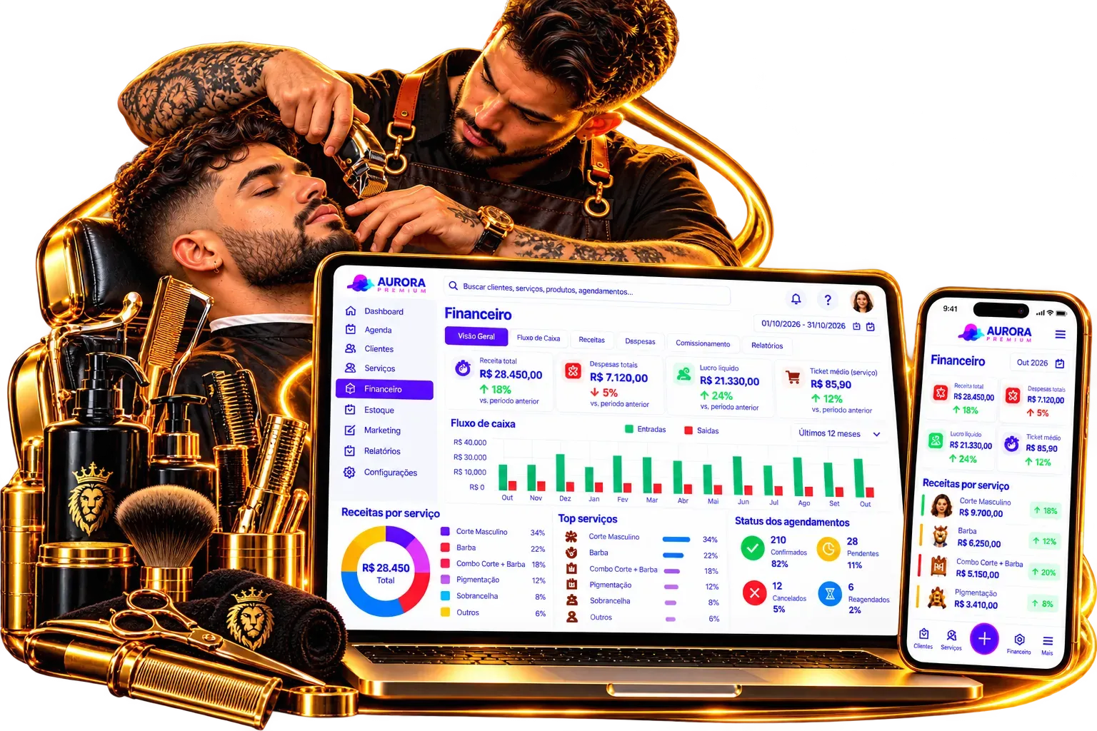 Controle financeiro para barbearia com fluxo de caixa, receitas por serviço e status dos agendamentos