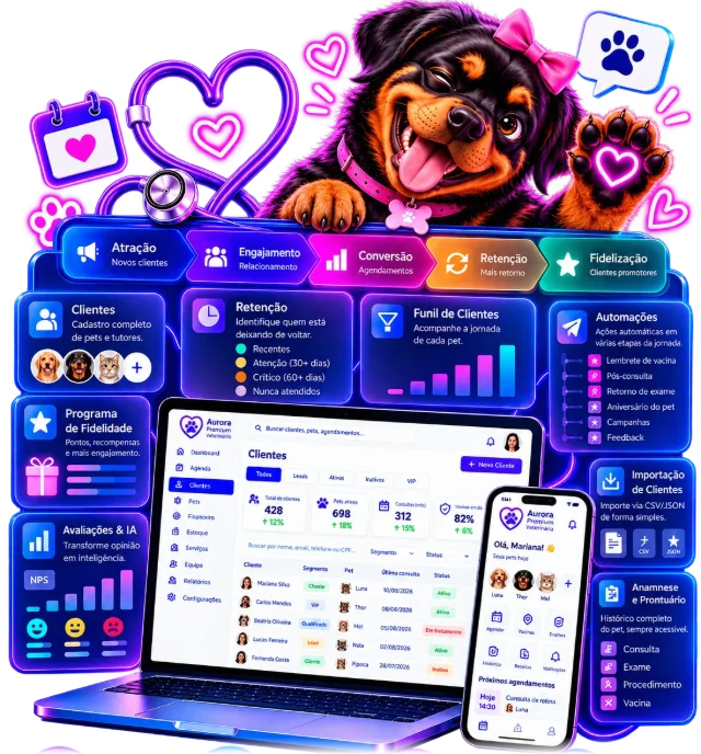CRM do sistema Aurora Premium para clínica veterinária, com cadastro de clientes e pacientes, prontuário, retenção e jornada do cliente no computador e no celular