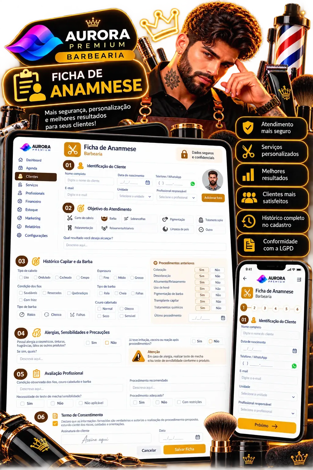 Ficha de anamnese para barbearia no Aurora Premium, com identificação do cliente, histórico capilar e da barba, alergias e termo de consentimento
