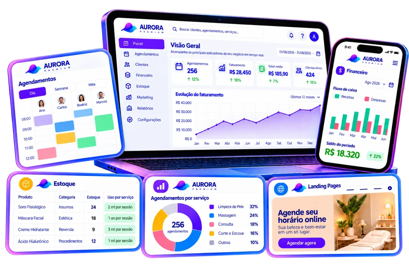 Aurora Premium: sistema de agendamento e gestão com agenda online, controle financeiro, estoque, relatórios e página de agendamento