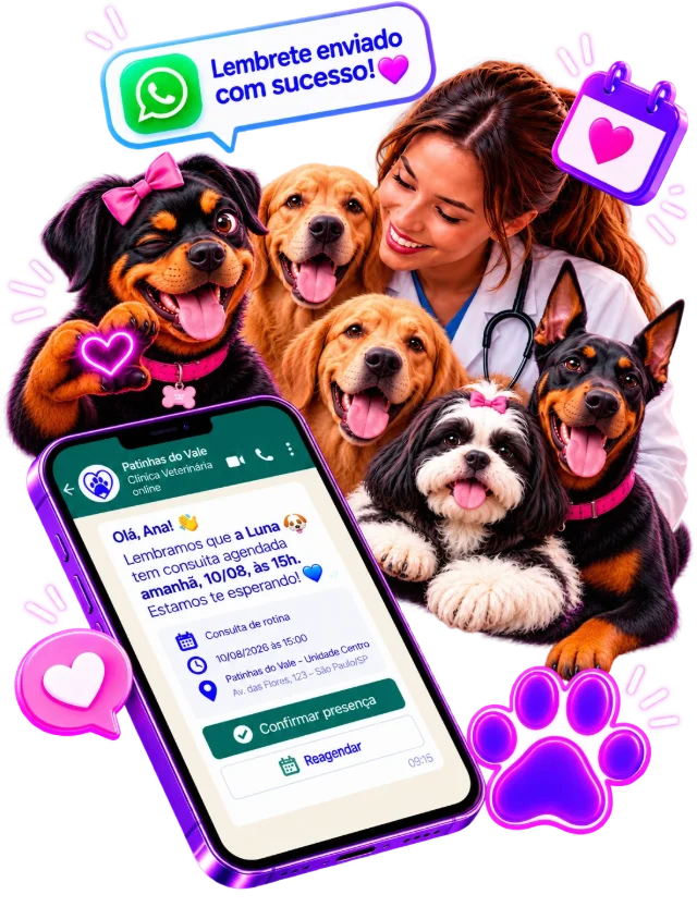 Lembrete de consulta veterinária enviado por WhatsApp pelo sistema Aurora Premium, com botões de confirmar presença e reagendar