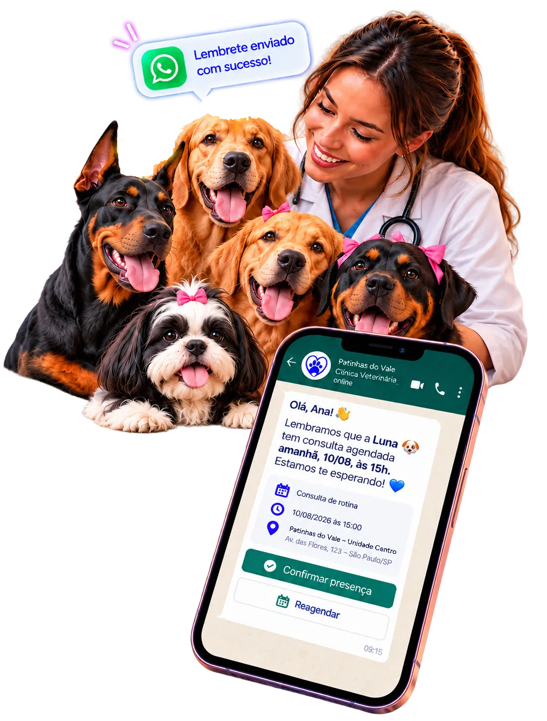 Lembrete de agendamento pelo WhatsApp enviado automaticamente pelo Aurora Premium, com botões para confirmar presença e reagendar
