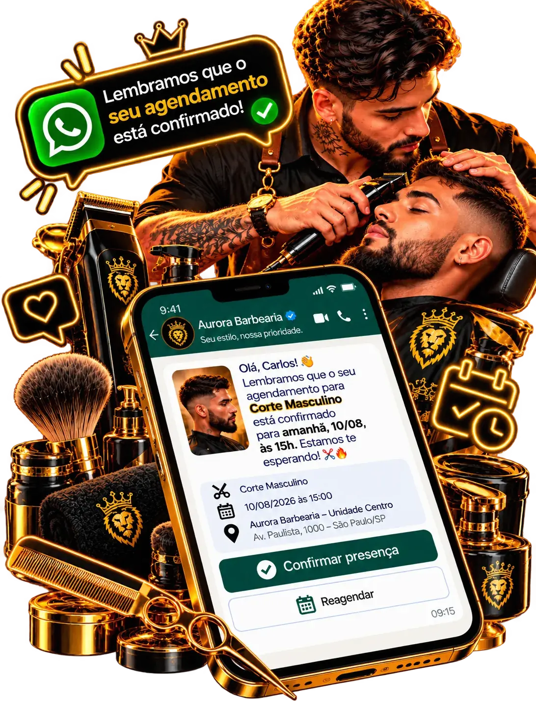Agendamento pelo WhatsApp para barbearia com lembrete de corte masculino e confirmação do cliente